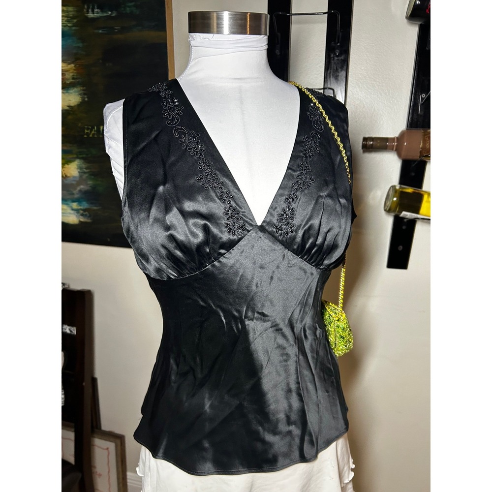 Wendy Hil Black 100% Silk Beaded V-Neck Tank Top Blouse Womens Medium